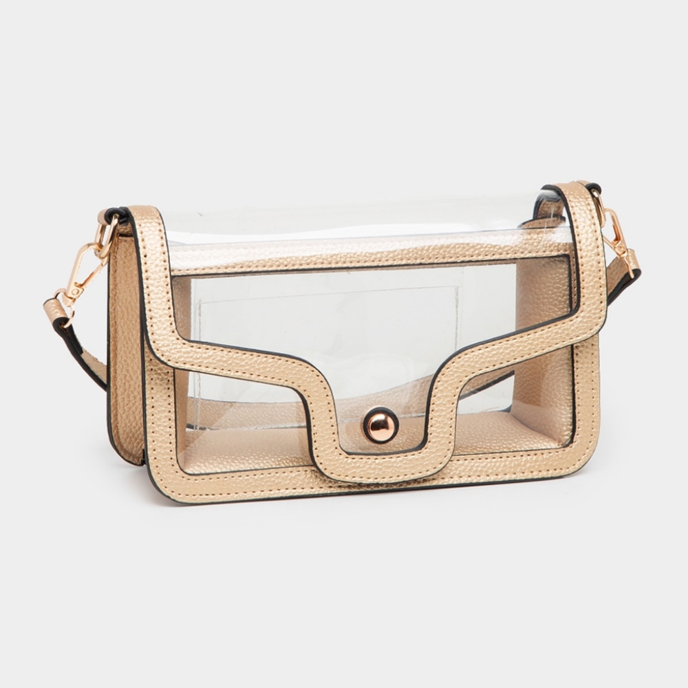 Gold Transparent Clear Rectangle Bag Purse Shoulder Leather Casual See Through